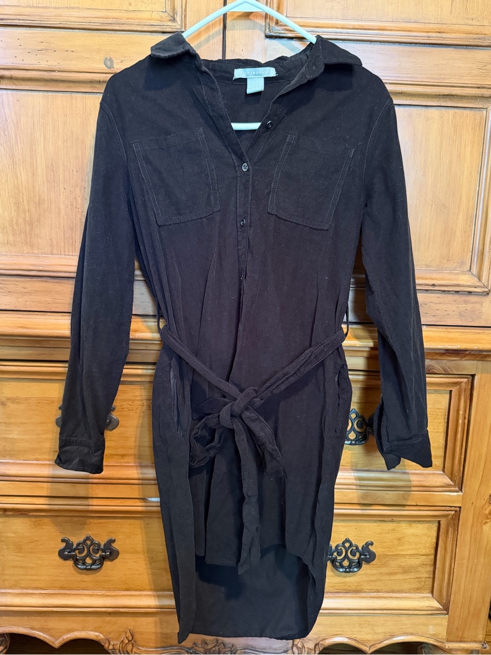 Lucky Brand Corduroy Black Shirt Dress with Tie Belt
